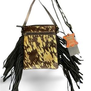 Leather black and gold printed fringe crossbody